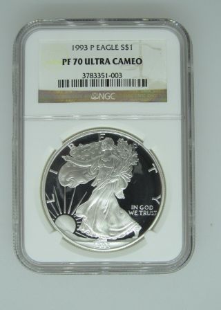 1993 P $1 Ngc Pf70 Ucameo (proof Silver Eagle) - Pf70 Rare.  999 Silver Bullion photo