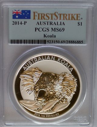 Pcgs 2014 P First Strike Australia Koala Dollar $1 Ms69 Coin Silver 1oz Perth Ag photo