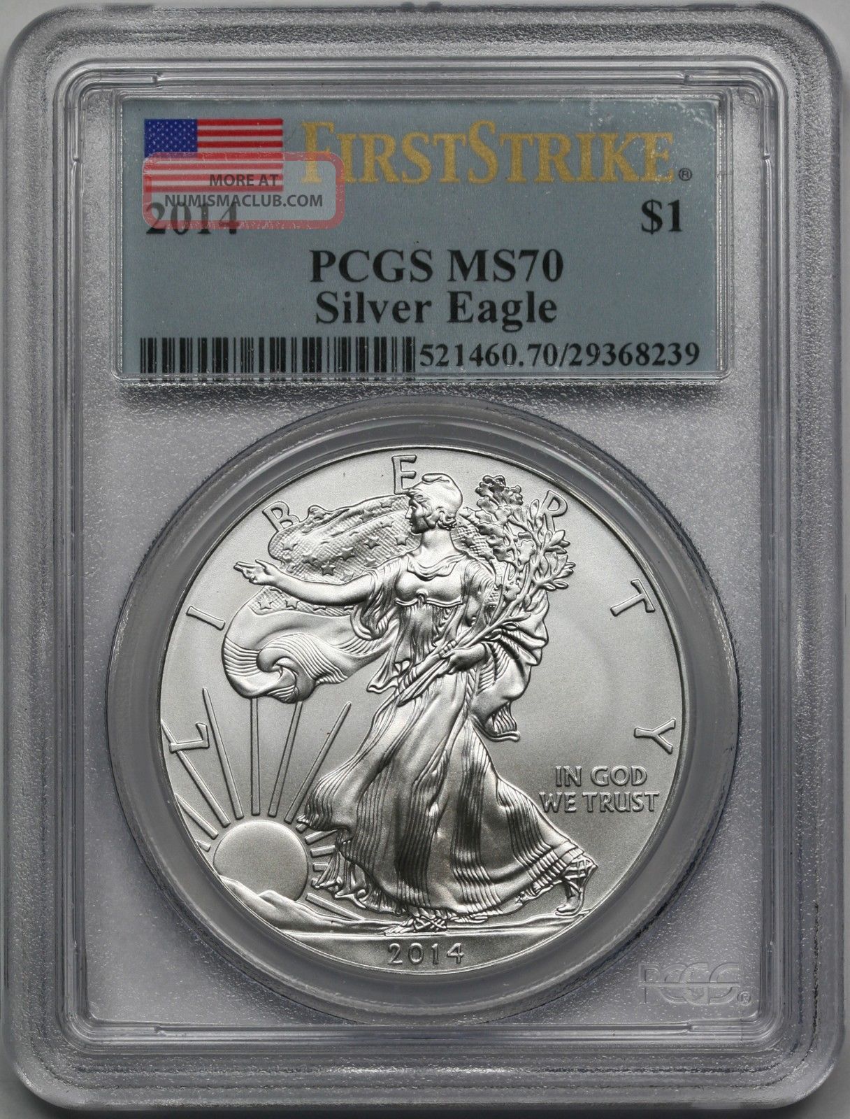 2014 Silver Eagle $1 Ms 70 Pcgs First Strike Flag Label Silver photo