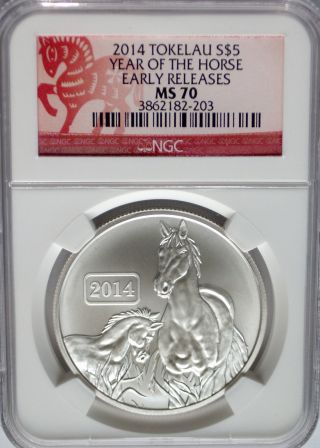 Ngc Registry 2014 Tokelau Horse $5 Coin Ms70 Perfect Grade Silver 1oz.  999 Er Bu photo