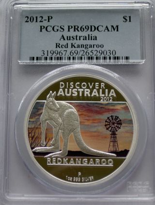 Pcgs 2012 P Proof Discover Australia Red Kangaroo Dollar Pr69 Silver 1 Oz Pf photo
