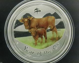 2009 $1 Australia Lunar Series Ii Year Of Ox 1 Oz.  999 Coloured Silver Coin photo