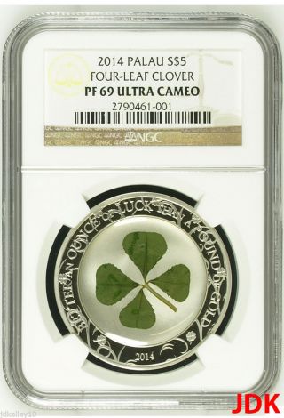 2014 Palau 1 Oz Silver Irish Lucky Four Leaf Clover $5 Dollar Coin Ngc Pf69 photo