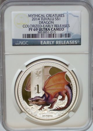 Ngc 2014 Tuvalu Mythical Creatures Dragon $1 Pf69 Rare Max 5,  000 Early Releases photo
