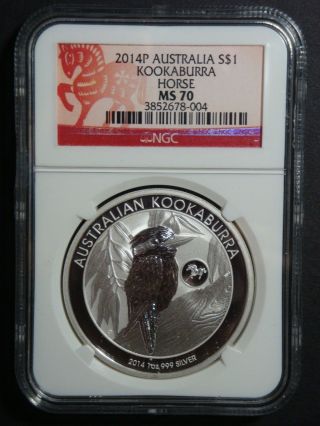 2014 - 1 Oz Australia Kookaburra Horse Privy Ngc - Ms 70 Fine Silver Coin photo