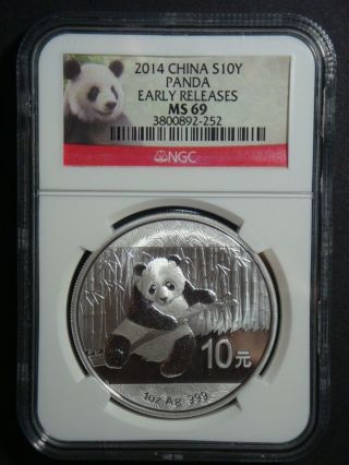 2014 - 1 Oz Chinese Panda Ngc Ms 69 Early Releases Bullion Fine Silver Coin photo