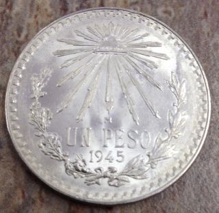 1945 Un Peso Mexican Silver Coin Brilliant White Coin photo