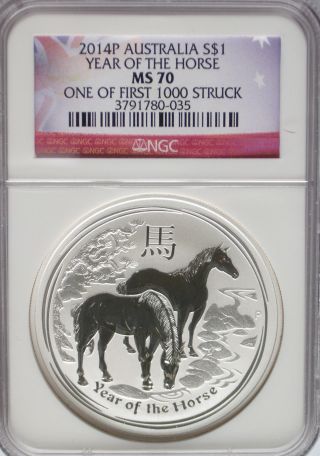 Ngc Registry 2014 P Australia Year Of The Horse $1 Ms70 1st 1,  000 Silver 1oz 999 photo
