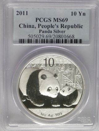 Pcgs 2011 China Panda 10¥ Yuan Coin Ms69 Blue Label Prc Silver 1 Oz.  999 Pure Ag photo