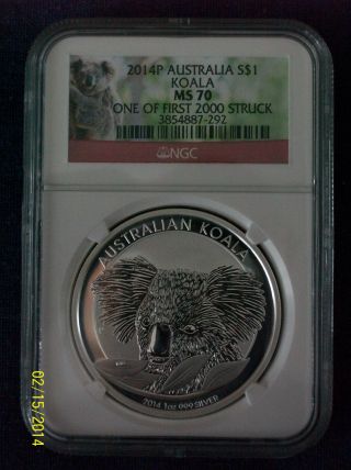 2014 Australia 1 Oz.  999 Silver Koala Ngc Ms 70 First Struck Koala Label photo