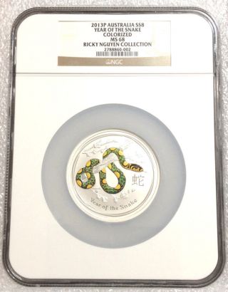 2013p Australia 5 Oz 999 Silver Lunar Year Of The Snake - Colorized $8 Ngc Ms68 photo