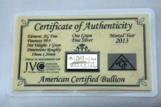 2012 Limited Edition Acb Titanic Bar 1 Gram 99.  9 Fine Silver W/ Certificate photo