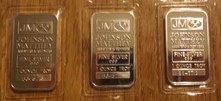 3 - 1 Ounce Troy.  999 Pure Silver By Johnson Matthey Bar And photo