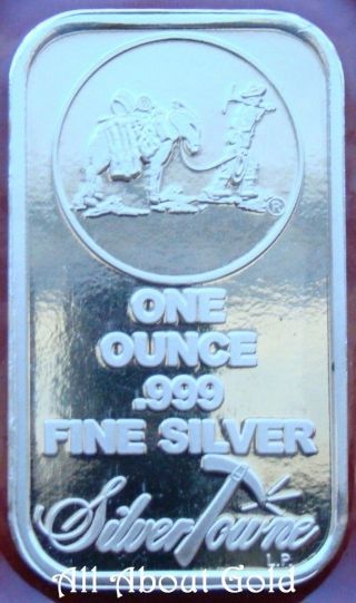 Solid Silver Bar 1 Troy Oz Silvertowne.  999 Fine Gold Panner Prospector Donkey photo