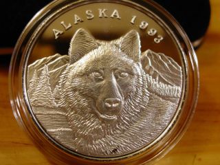 Alaska Official State 1993 Grey Wolf.  999 Silver Proof 1 Troy Oz Coin Rare photo