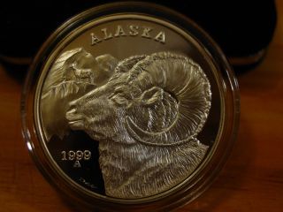 Alaska Official State 1999 Ram.  999 Silver Proof 1 Troy Oz Medallion photo