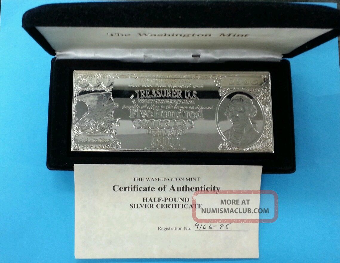 8 Oz - Half Pound 1995 Proof $500 Silver Certificate Bar. 999 Fine ...
