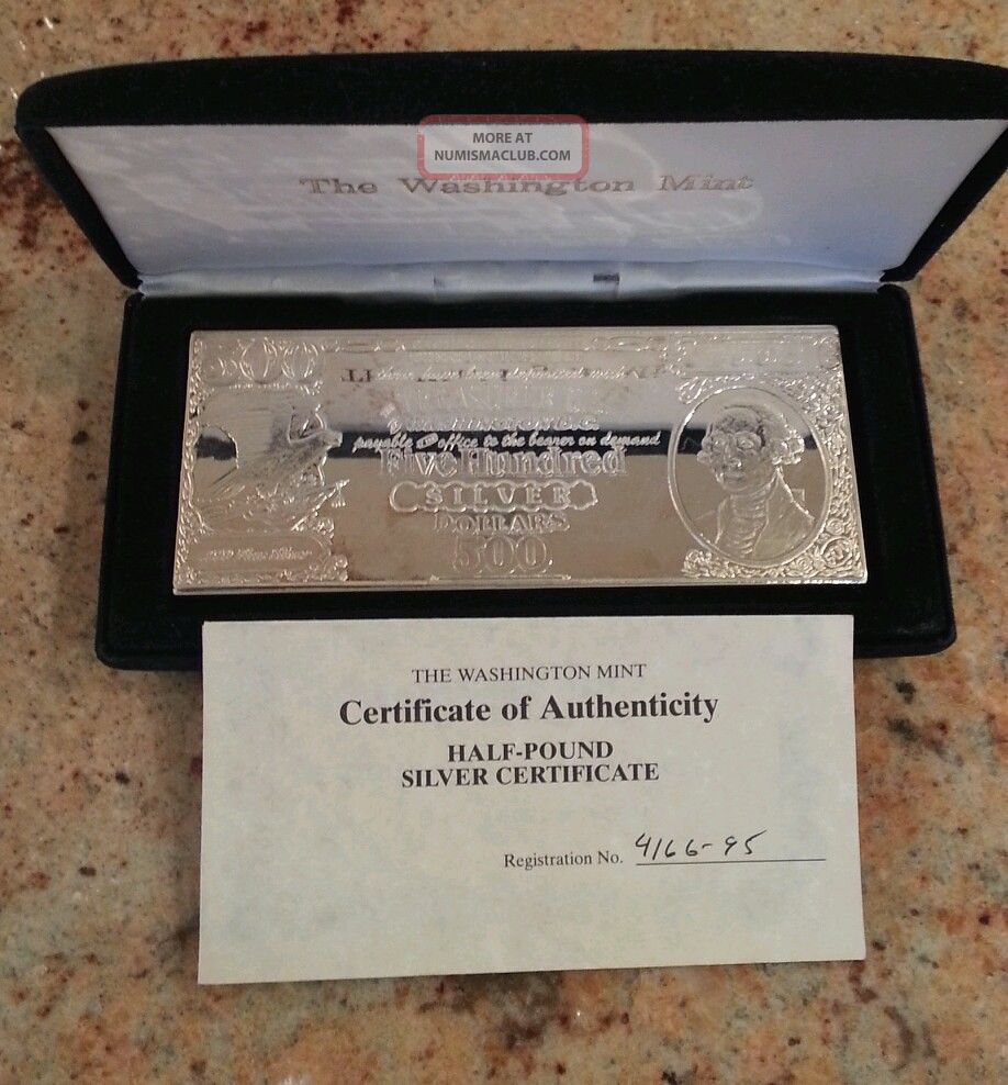 8 Oz - Half Pound 1995 Proof $500 Silver Certificate Bar. 999 Fine ...