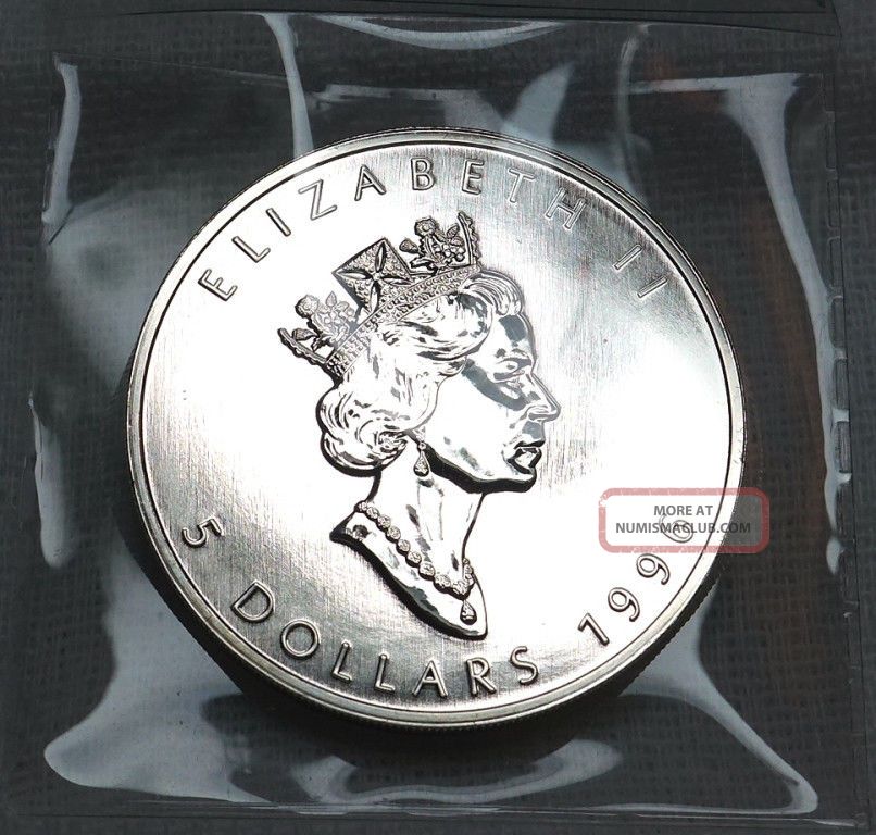 1996 Silver Maple Leaf 1 Oz. 9999 Fine Silver Key Date 5 Dollar Coin ...