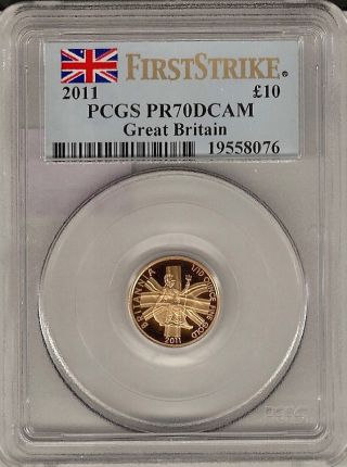 2011 Great Britain First Strike Britannia 1/10 Oz Gold Pr70dcam Pcgs Cert photo
