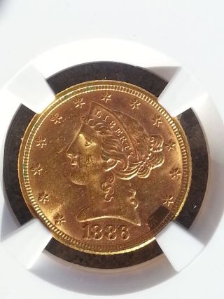 1886 $5 Liberty Gold Half Eagle Ms - 63 Ngc (low Mintage) photo