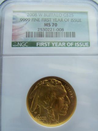 2008 W $25 Gold Buffalo Coin,  1/2 Oz. ,  Ngc Ms 70,  First Year Issue W Box & photo
