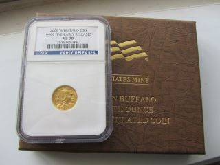 2008 W $5 1/10oz Gold Buffalo Coin,  Ngc Ms70,  Early Release W/ Box & photo