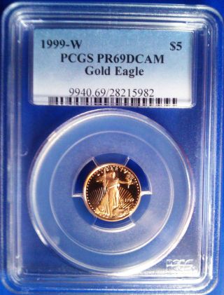 1999 W Pcgs Pr69dcam 1/10oz $5 Am.  Eagle Gold Coin Ultra Cameo Luster photo