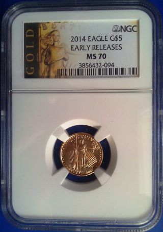 2014 Ngc Ms70 1/10oz $5 American Eagle Gold Coin Early Releases Luster photo