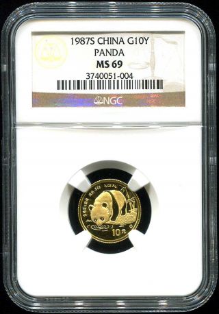 1987 S Chinese Gold Panda 10 Yuan Ngc Ms - 69 1/10 Oz Fine Gold Tough Year photo