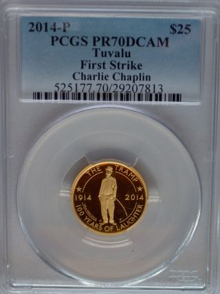 Pcgs Registry 2014 Tuvalu Charlie Chaplin Pr70 $25 Gold Coin 1/4 Oz First Strike photo