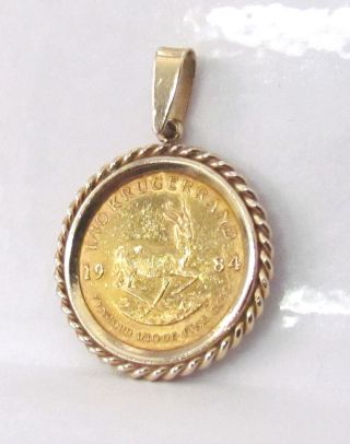 14k Yellow Gold Coin Pendant & 1/10 Oz.  Fine Gold 1984 South African Krugerrand photo