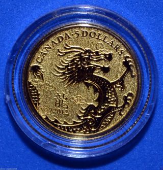 2012 Canada Year Of The Dragon 1/10 Oz $5 Pure Gold Coin & photo
