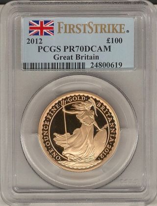 2012 Great Britain First Strike Britannia 1 Oz Gold Pr70dcam Pcgs Cert photo