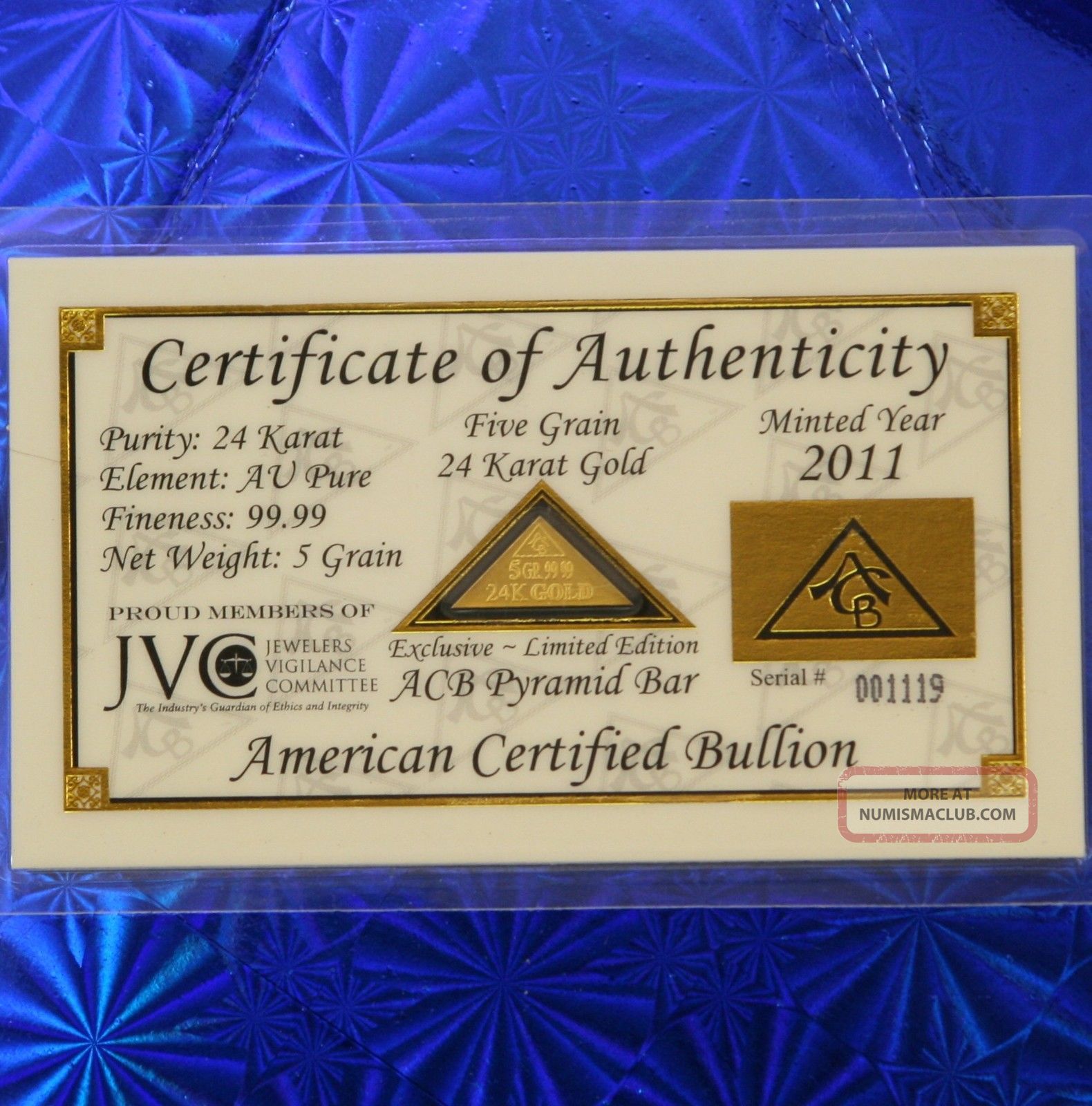 Pyramid 24k Pure 9999 Au Gold Bullion 5grain Bar In Certificate Of