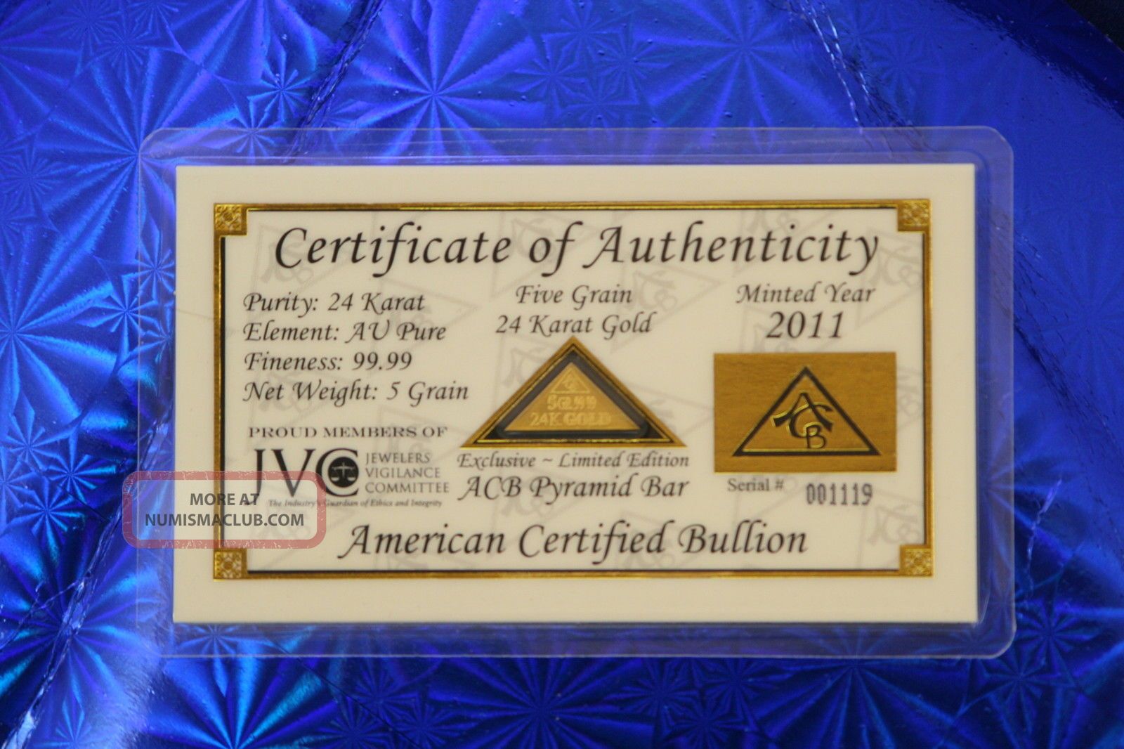Pyramid 24k Pure 9999 Au Gold Bullion 5grain Bar In Certificate Of