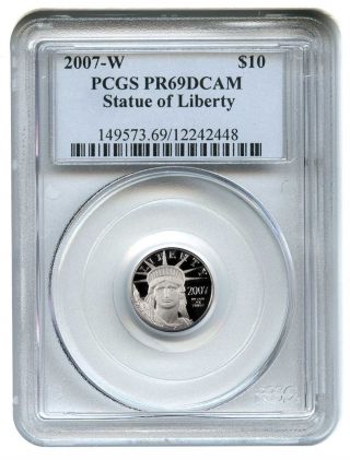 2007 - W Platinum Eagle $10 Pcgs Proof 69 Dcam Statue Liberty 1/10 Oz photo