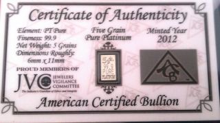 (acb) Platinum Pure 99.  9 Bullion 5grain Pt Bar With Certificate Of Authenticity photo