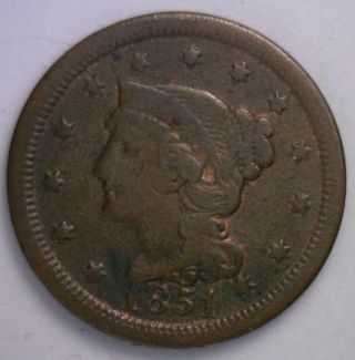 1851 Braided Hair Large Cent Copper Type Coin One - Cent United States Penny Good photo