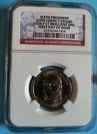 2008 - P John Quincy Adams Preseidential Dollar - Ngc Br.  Unc.  - First Day Of Issue photo