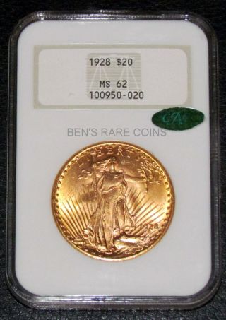 1928 $20 St.  Gaudens Gold Ms62 Double Eagle Ngc Ms 62 Old Slab Cac photo