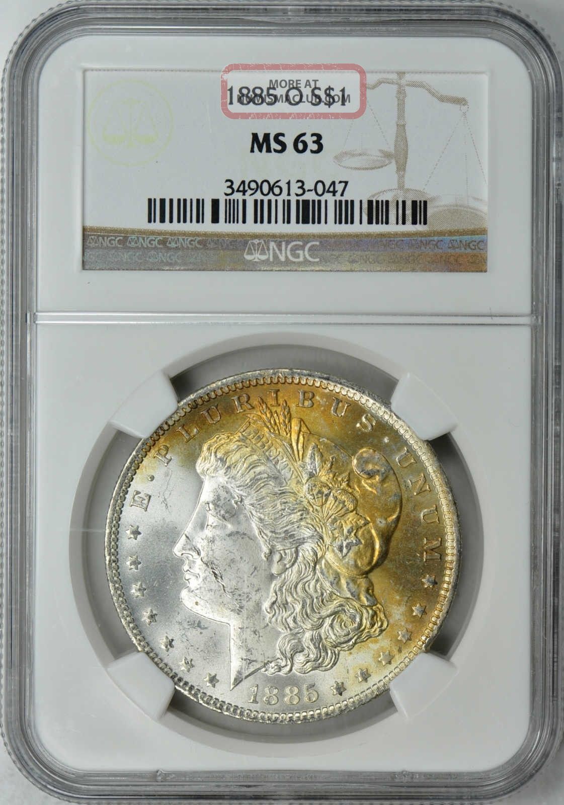 1885 O 1 Silver Dollar Ngc Ms63. Golden Crescent Toning