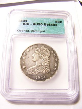 1834 Capped Bust Silver Half Dollar,  Great Detail,  Icg Au=50 photo