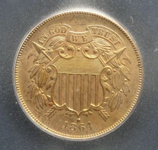 1864 Two Cent Large Motto Icg Ms 60 Details photo