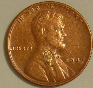 1947 P Lincoln Wheat Penny,  (lamination) Error Coin,  Aj 214 photo