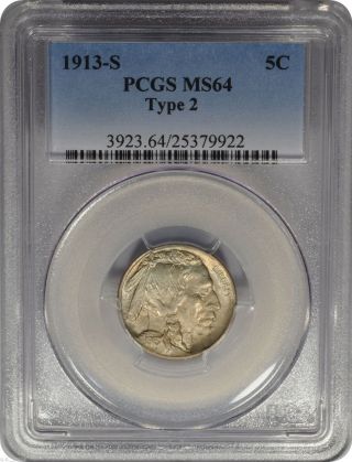 1913 - S 5c Buffalo Nickel Pcgs Ms64 Type 2 First Year Lustrous photo