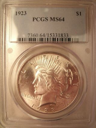 1923 Pcgs Ms 64 Peace Dollar Silver $1 Coin photo