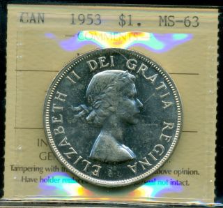 1953 Canada Silver Dollar,  Iccs Certified Ms - 63 Nsf;swl photo