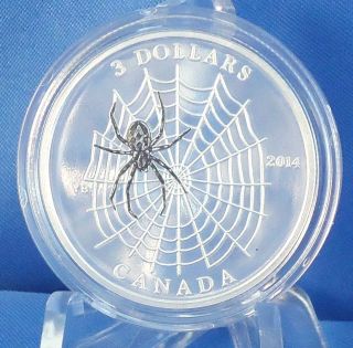 Canada 2014 Spider And Web,  ¼ Oz.  $3 Silver Proof Coin,  Color,  Animal Architects photo