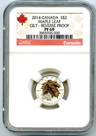 2014 $2 Canada Silver Maple Leaf Gilt Gold Ngc Pf69 Ucam Reverse Proof 1/10 Oz photo